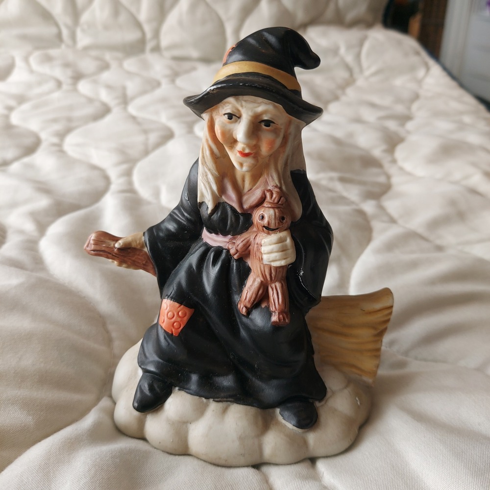 Vintage Brinns Ceramic Witch Figurine Halloween Decor Broomstick Voodoo Doll 6in